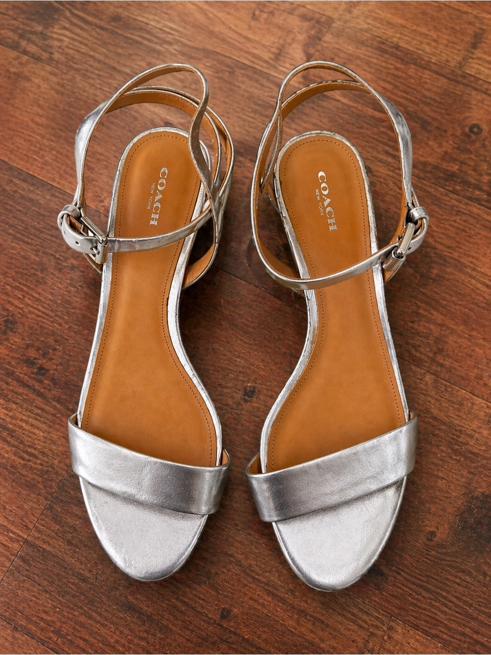 Coach Metallic Silver Open-Toe Slingback Sandals